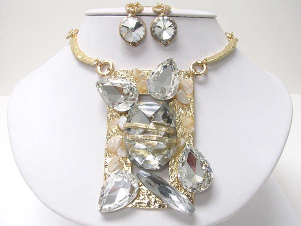 Mixed crystal and chip stone deco large scratch metal pendant necklace set