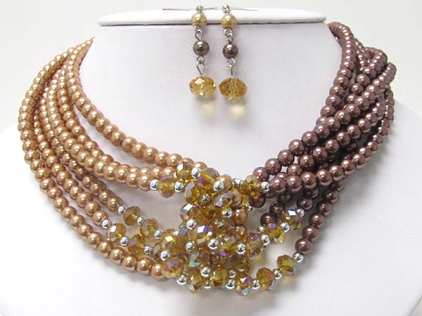 Multi strand mixed color pearl ball beads link necklace earring set?