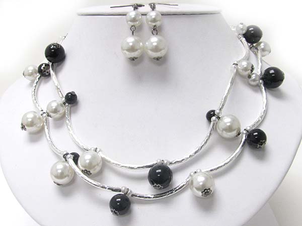 Double layer pearl ball and snake chain link necklace earring set