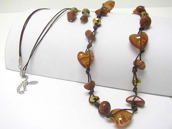 Murano glass heart link long necklace earring set