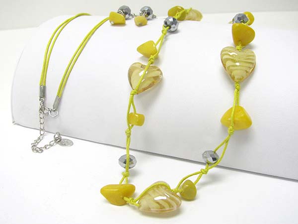 Murano glass heart link long necklace earring set