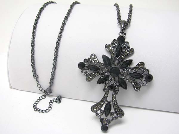 Crystal flower cross pendant long ncklace