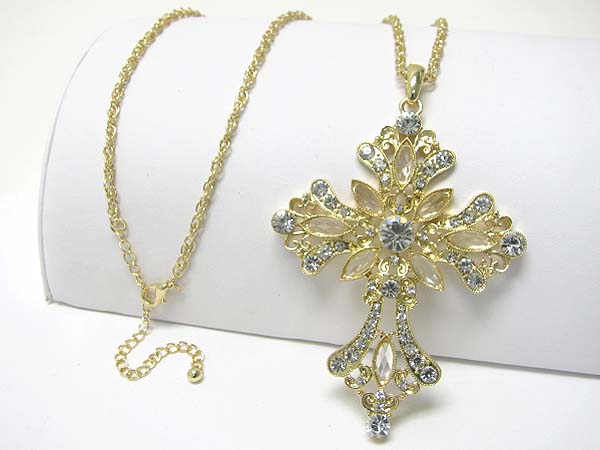 Crystal flower cross pendant long ncklace