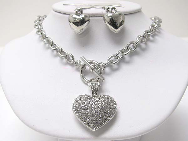 Crystal puffy heart pendant toggle necklace earring set