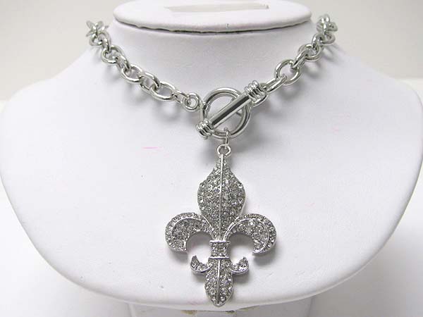 Crystal fleur de lis pendant toggle necklace