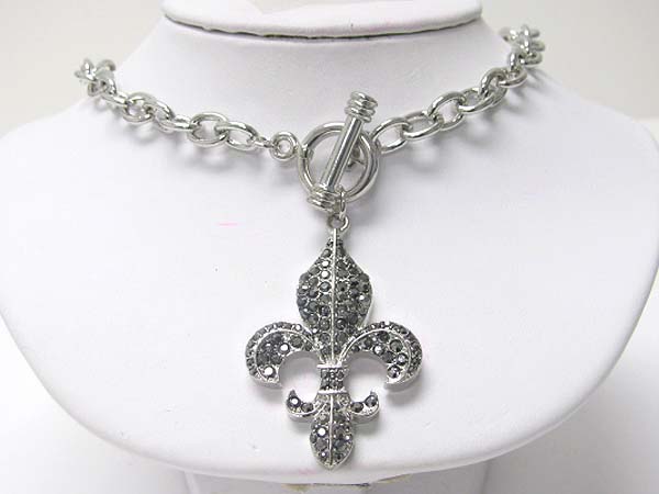 Crystal fleur de lis pendant toggle necklace