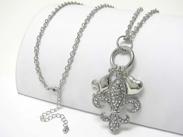 Crystal fleur de lis pendant and heart long necklace