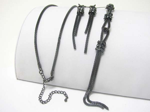 Crystal accent metal tube chain drop necklace earring set