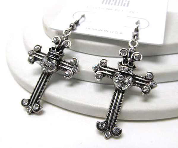 Metal crystal fashion style cross heart crown inside drop earring