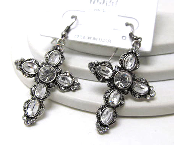 Metal multi crystal fashion style oval patern cross drop earring