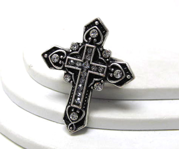 Multi crystal heart inside metal fashion cross stretch ring