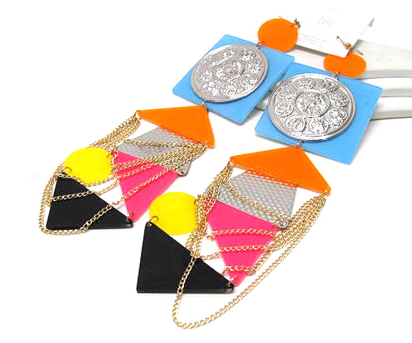 Round metal on square multi colorful fashion size acryl triangle drop multi chain earring