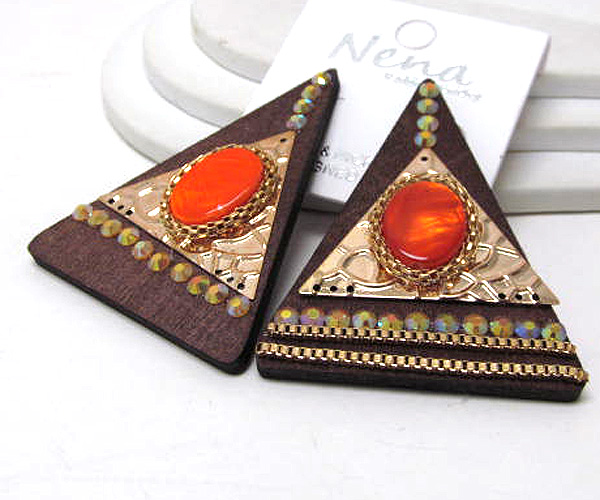 Wooden crystal triangle inside oval shell and metal fashion drop earrings