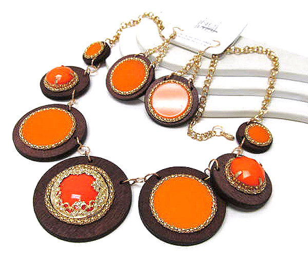 Multi size fashion round acryl with round wood metal chain necklace earring set