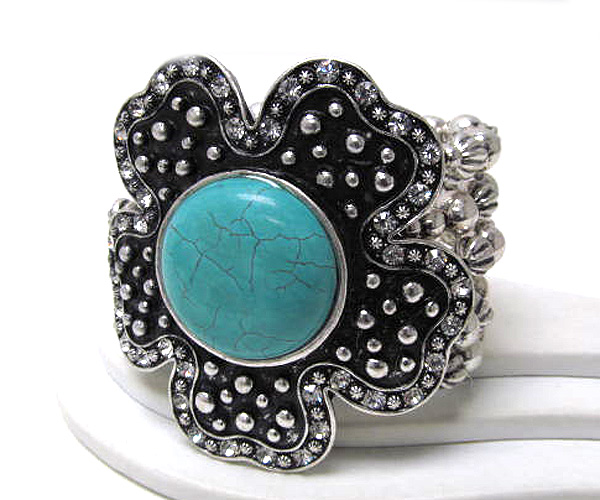 Multi crystal metal fashion large flower center turquoise stone and multi metal balls stretch bracelet