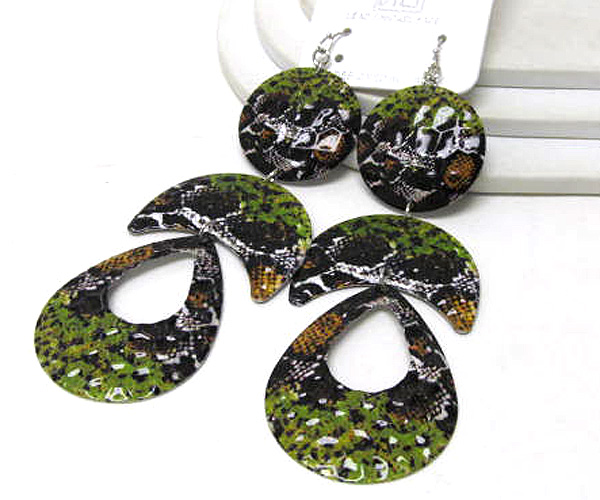 Metal hammerd fashion round and half oval drop cut out tear drop printed snake skin drop earring