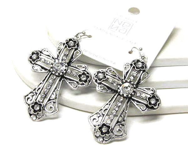 Multi crystal metal fashion filigree cross drop earrings