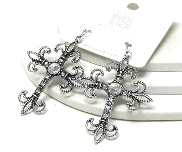 Multi crystal fleur de lis corners fashion cross drop earring