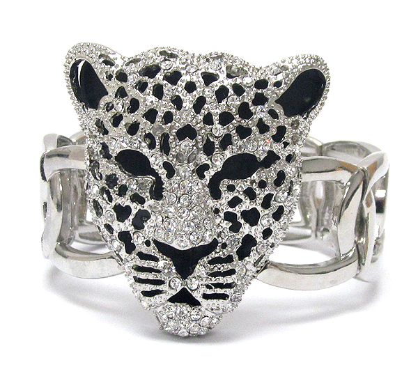 Crystal and epoxy deco large jaguar head stretch bracelet