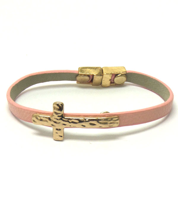 Cross on leatherette band and magnetic closure bracelet