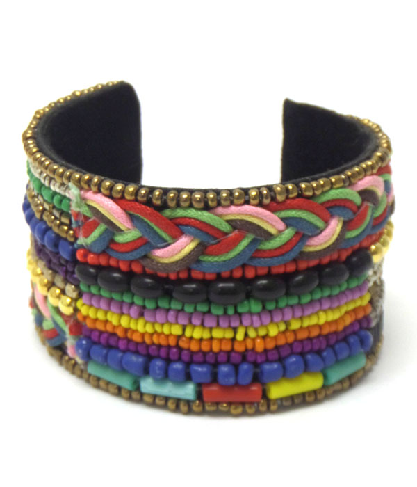 Handmade multi seed bead and fabric cord mix bangle bracelet