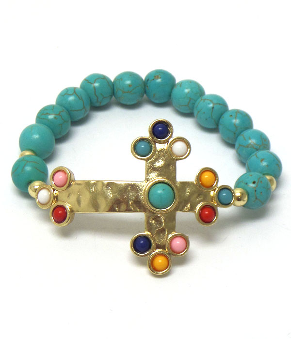 Bead accent hammered cross stretch bracelet