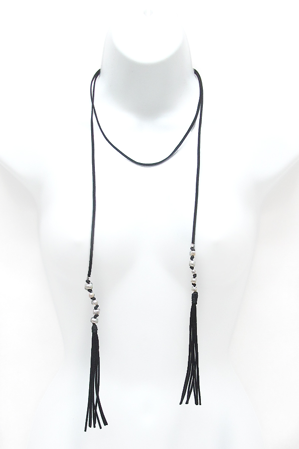 Suede pearls tassel wraparound necklace 