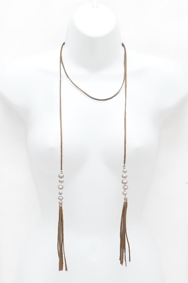 Suede pearls tassel wraparound necklace 