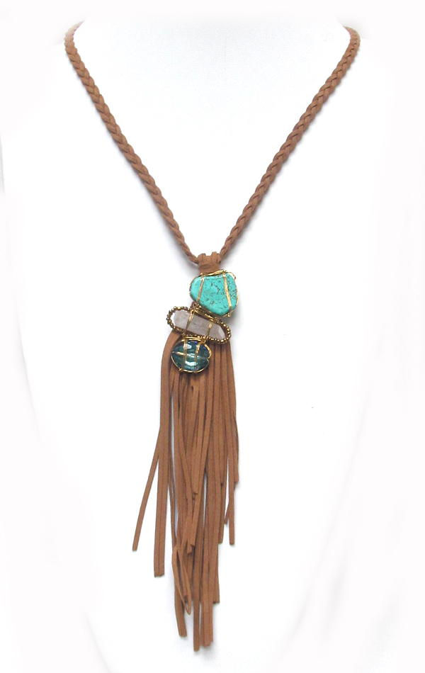 Braided stone tassel drop necklace