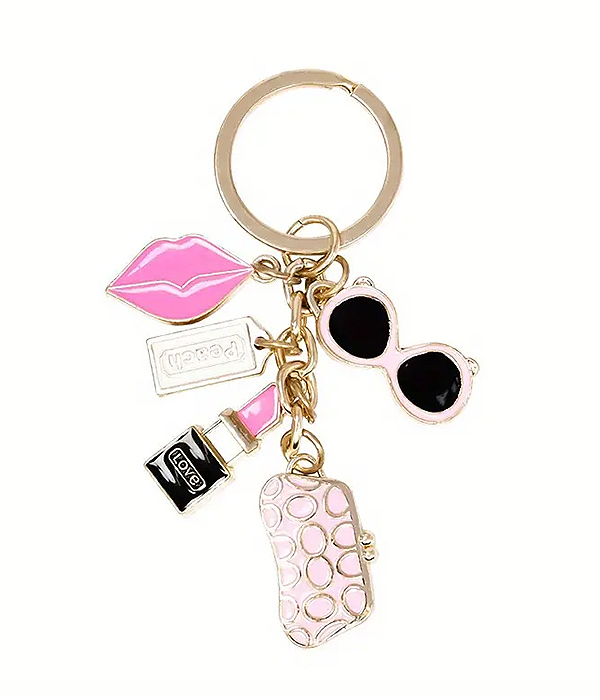 Cosmetic theme multi charm keychain - lipstick sunglasses