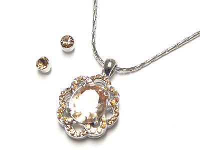 Large oval cz stone and crystal flower setting necklace and crysatl post earring set