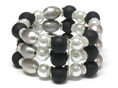 Triple row wooden and pearl beads mixed link stretch bracelet