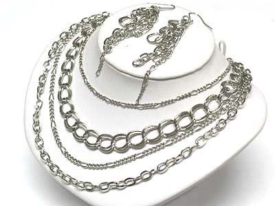 Multi layer chain long necklace and earring set