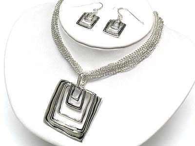 Metal square pendant and multi metal strand neckalce and earring set