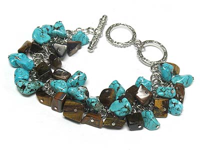 Turquoise and tigereye stone dangle toggle bracelet