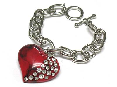 Half crystal marblic heart charm toggle braceelt