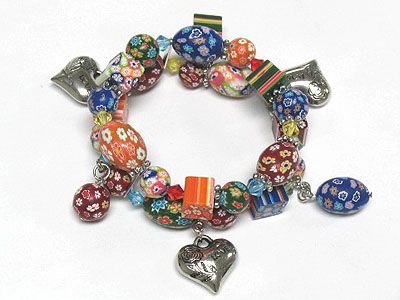 Heart charm fossil candy beads stretch bracelet