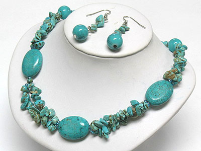 Turquoise stone and multi chip stone necklace and earring set