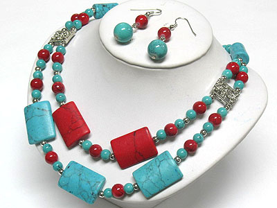 Turquoise and coral stone mix double strand necklace and earring set