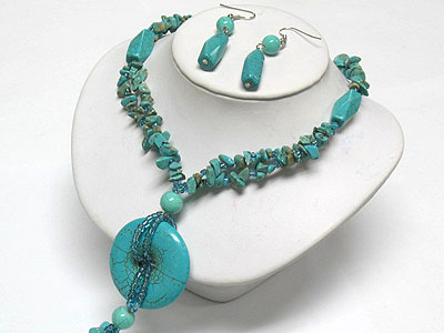 Turquoise stone donut pendant long y drop style necklace and earring set