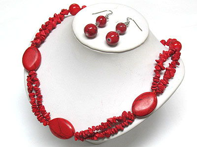 Coral stone ball and chip stone necklace and earring set