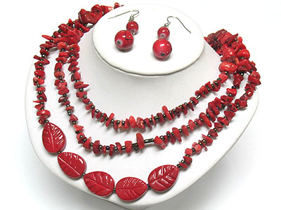 Triple layer coral stone varved leaves and chip stone necklace and earring set