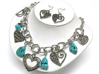 Turquoise stone  and metal heart charm necklace and earring set