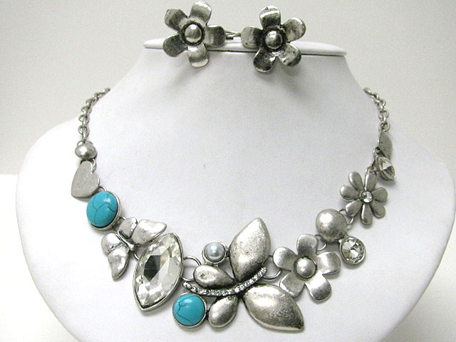 Turquoise stone and crystal deco metal butterfly and flower link neckalce earring set