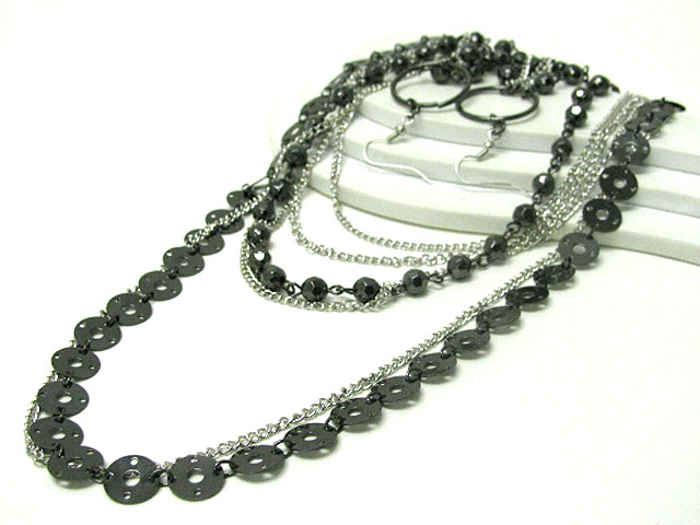 Metal disk and multi row mixed chain long neckalce earring set