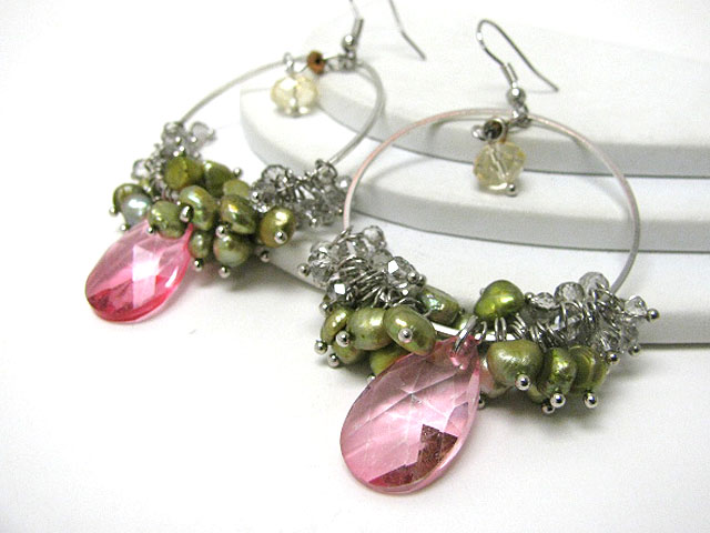 Multi facet glass beads dangle hoop earring - hoops