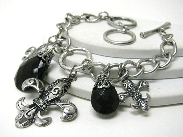 Fleur de lis and facet glass tear drop charm metal chain link bracelet