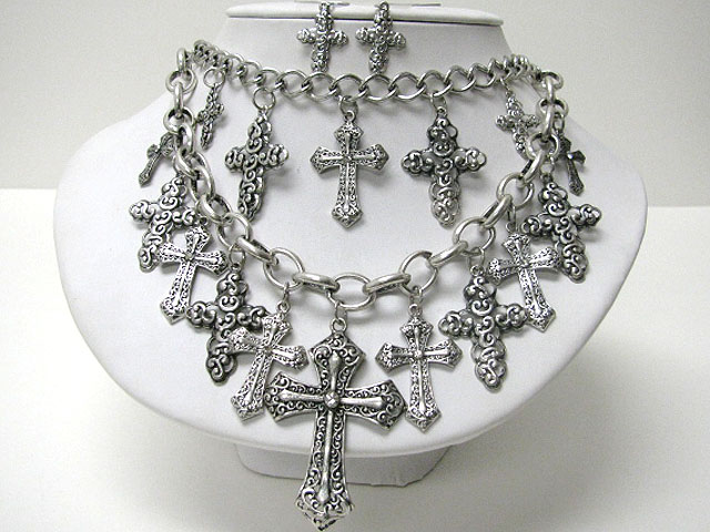 Double layer multi cross charm dangle necklace earring set