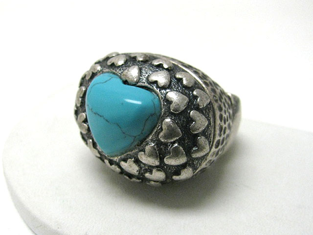 Turquoise heart antique metal stretch ring