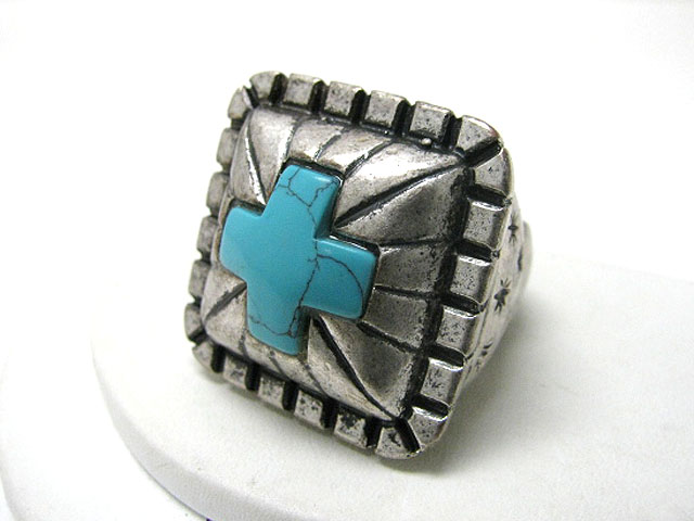 Turquoise cross antique metal square stretch ring